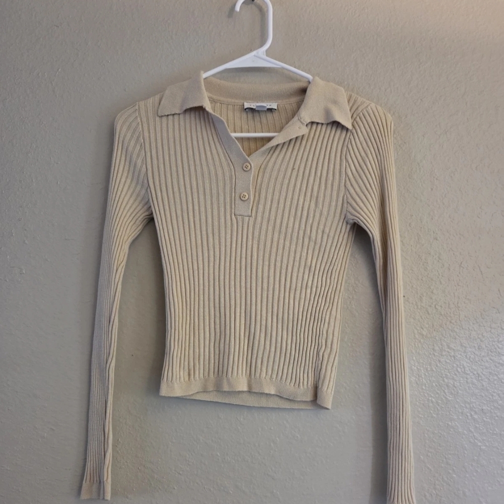 Beige Ribbed Crop Top Casual Preppy Collarded Normcore Cabin Core Layering